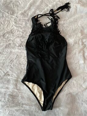 Cleobella Turquoise black fringe details one-piece women’s swimsuit